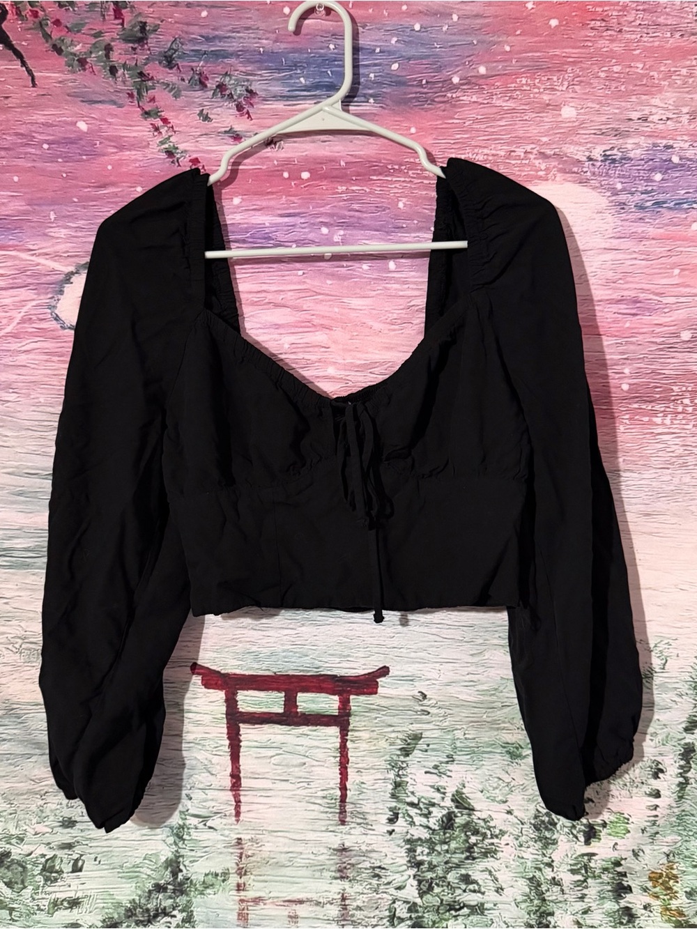 Black Long-Sleeve Tie-Front Square Neck Crop Top